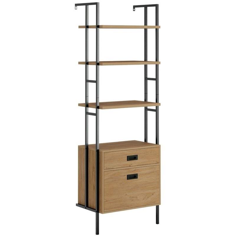 4-Shelf Wall-Mounted Bookcase with Drawers Serene Walnut T954