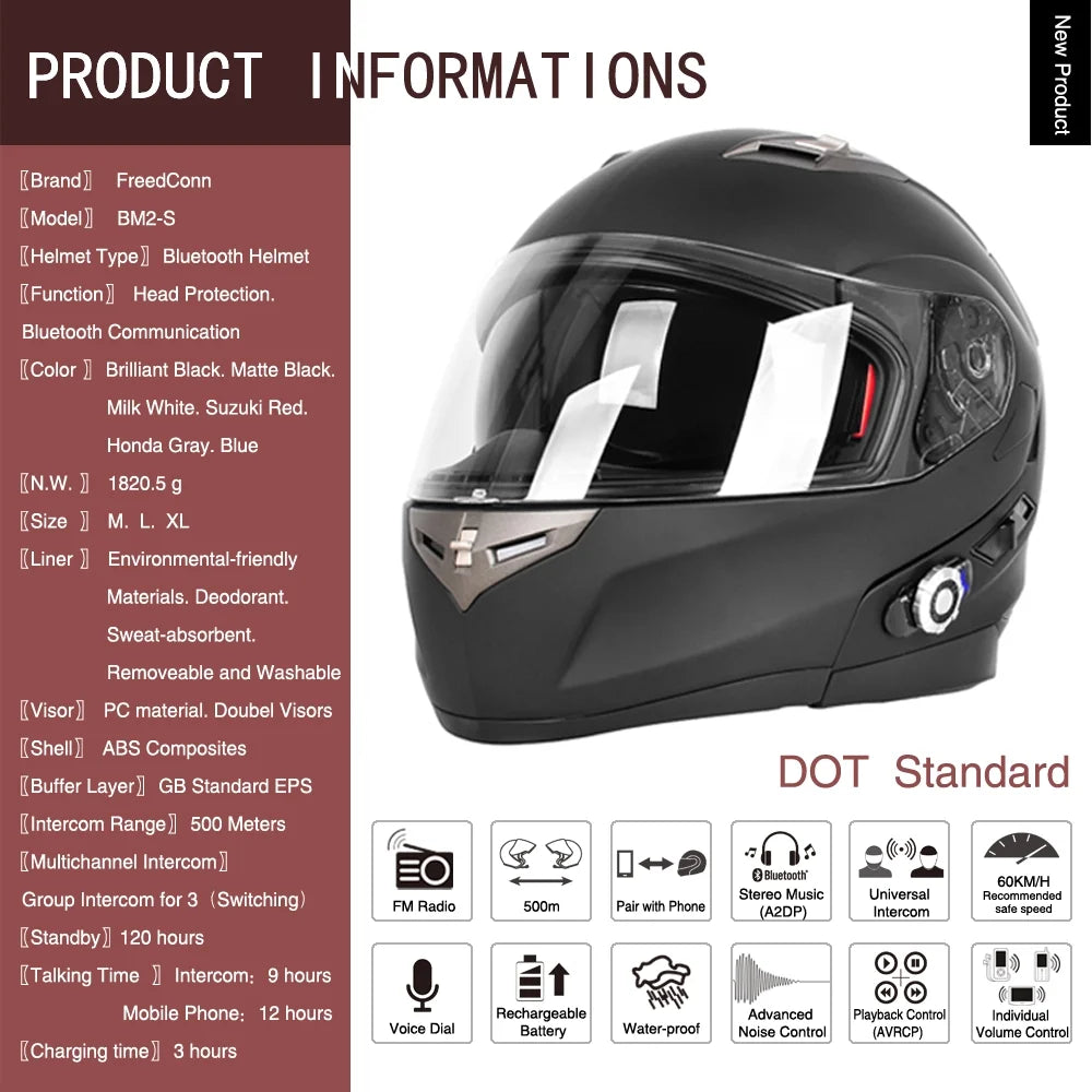 Matt Black Full Face Bluetooth Motorcycle Helmet T527