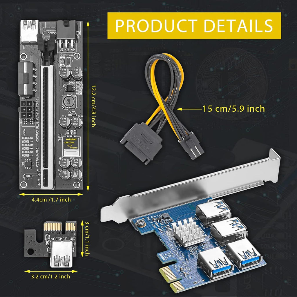 PCIE 1 to 4 Adapter Riser Card with 24 Inches USB 3.0 Cable, 5 Pack L926