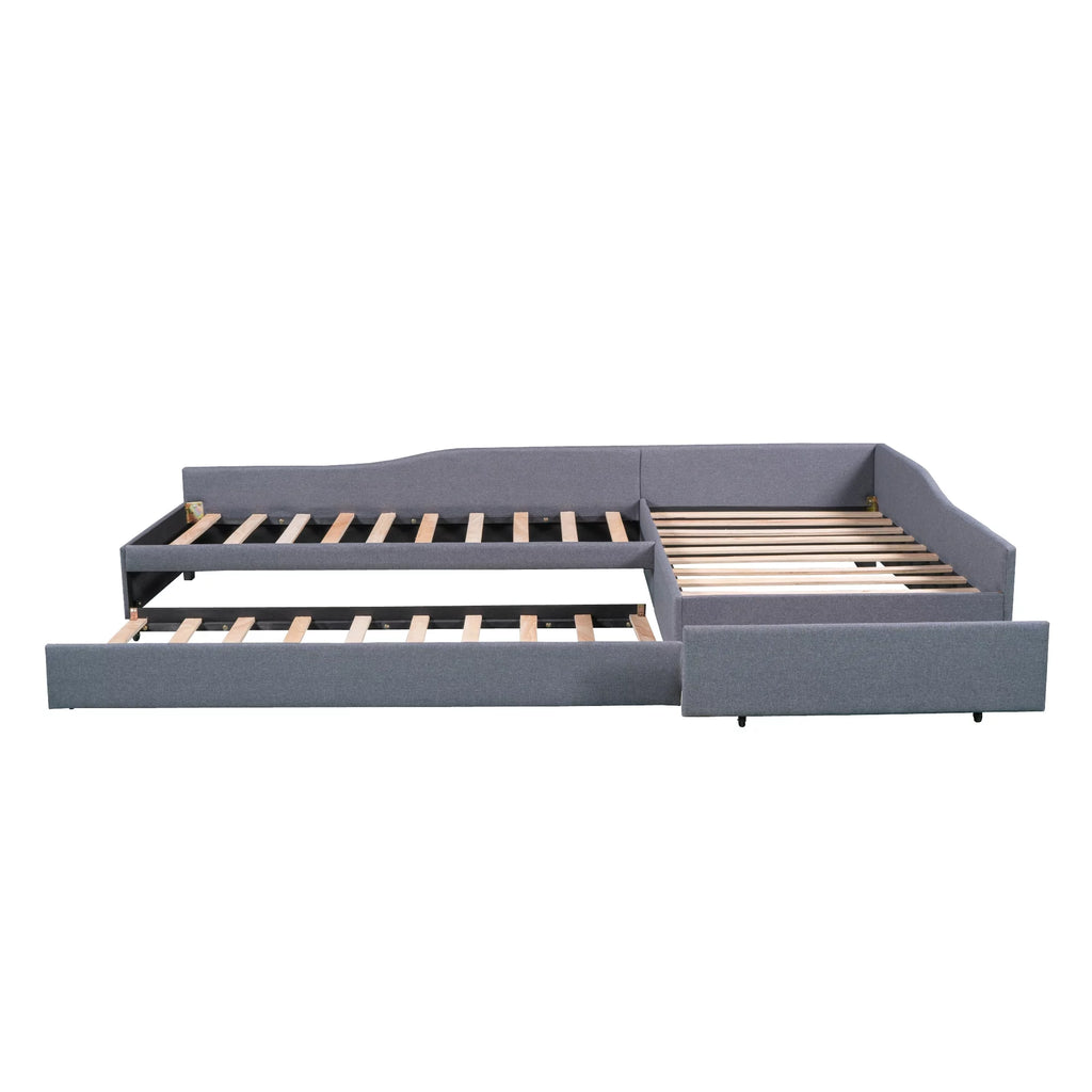 Gray L-Shaped Daybed with Trundle and Drawers, Twin Size Upholstered Sofa Bed P280476