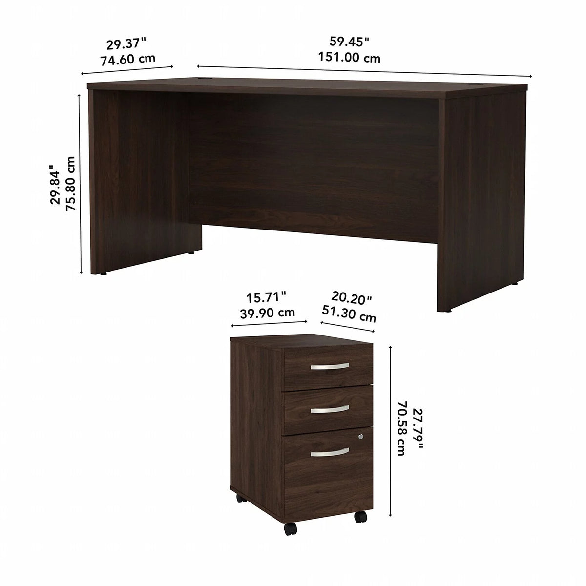 Black Walnut Engineered Wood Office Desk with Drawers T18994
