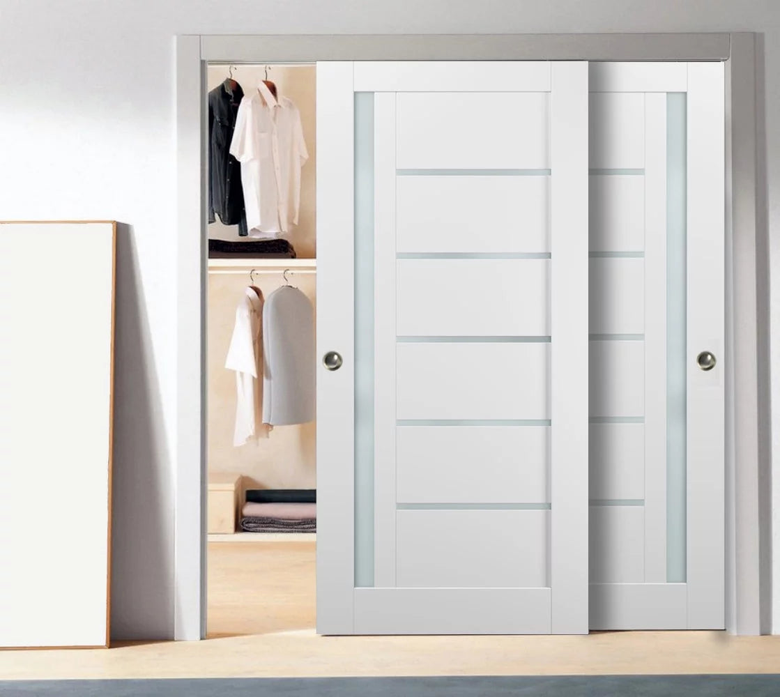 60 x 96 White Silk Frosted Glass Sliding Closet Bypass Doors N9801