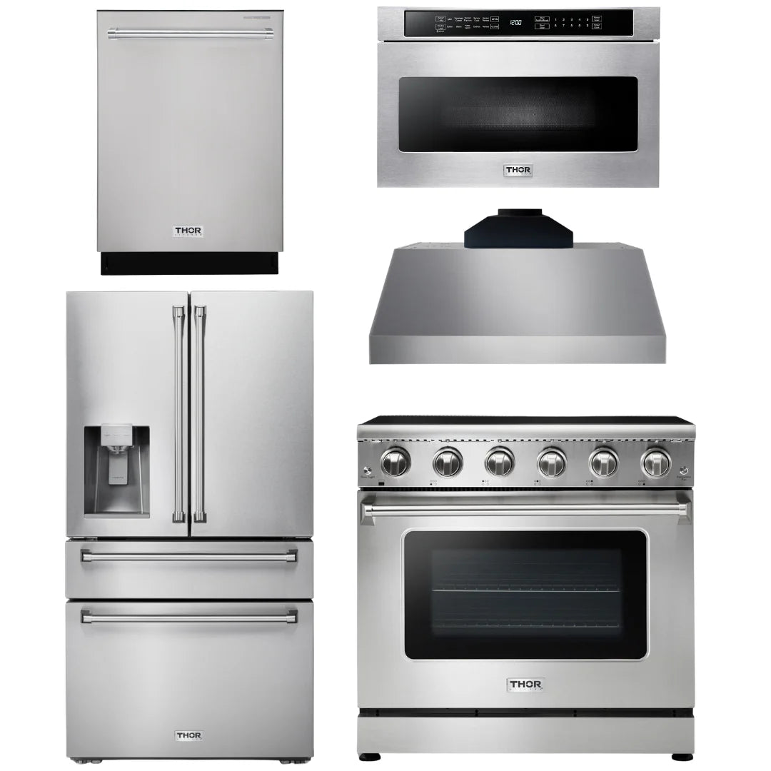 36 Electric Range, Range Hood, Microwave, Refrigerator with Water and Ice Dispenser, Dishwasher K4350