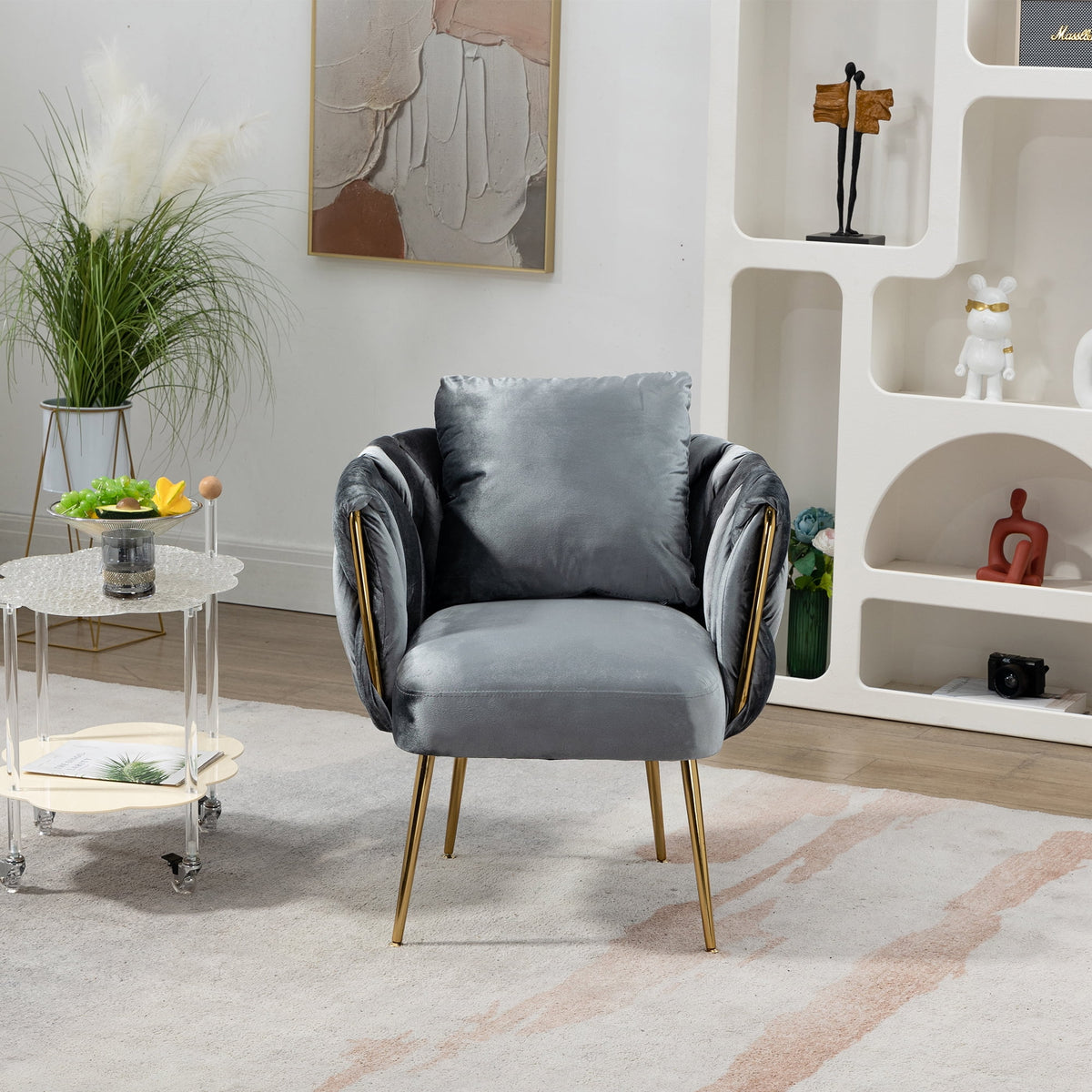 Gray Velvet Upholstered Accent Chair with Gold Metal Leg and Throw Pillow O4904