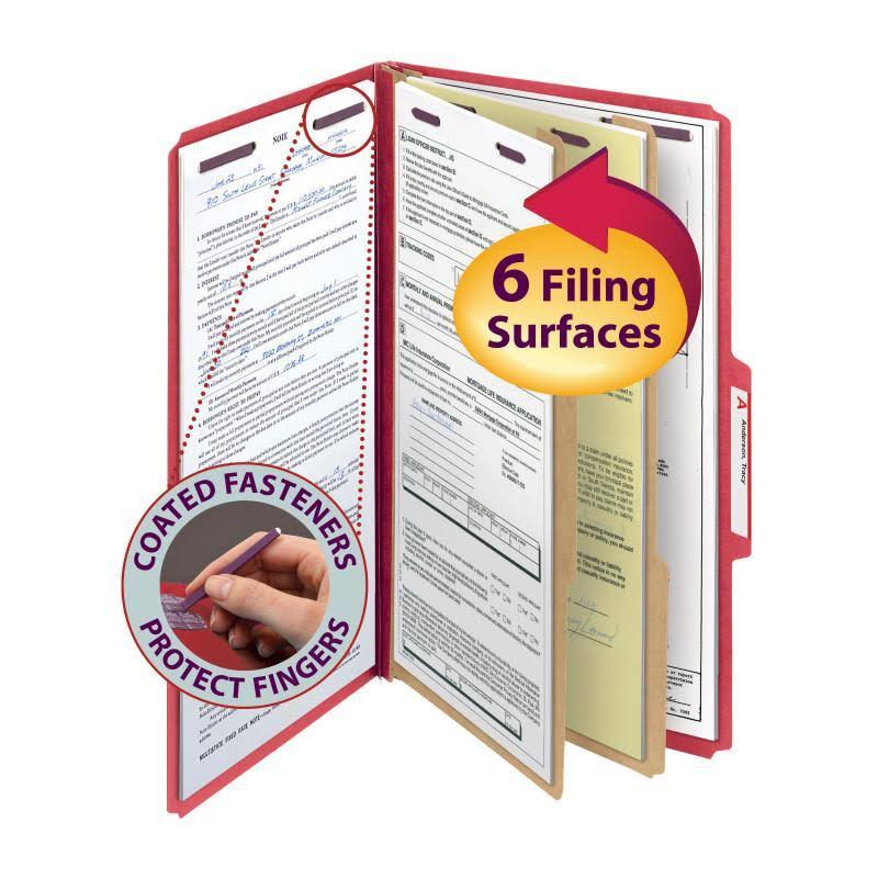 Pressboard Classification File Folder with SafeSHIELD Fasteners, 2 Dividers, 2x22 Expansion, Legal size, Bright Red, 10 pe L2994