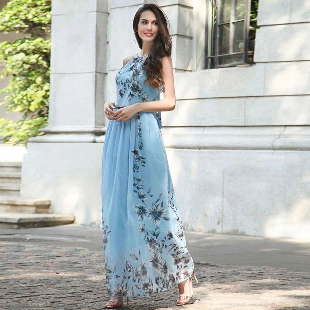 Blue Floral Halter Chiffon Maxi Dress V76644