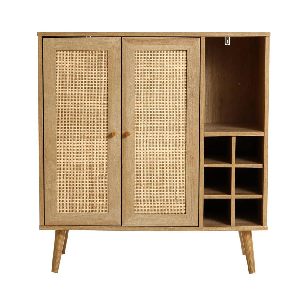 Light Oak Engineered Wood Rattan Wine and Storage Cabinet Z221