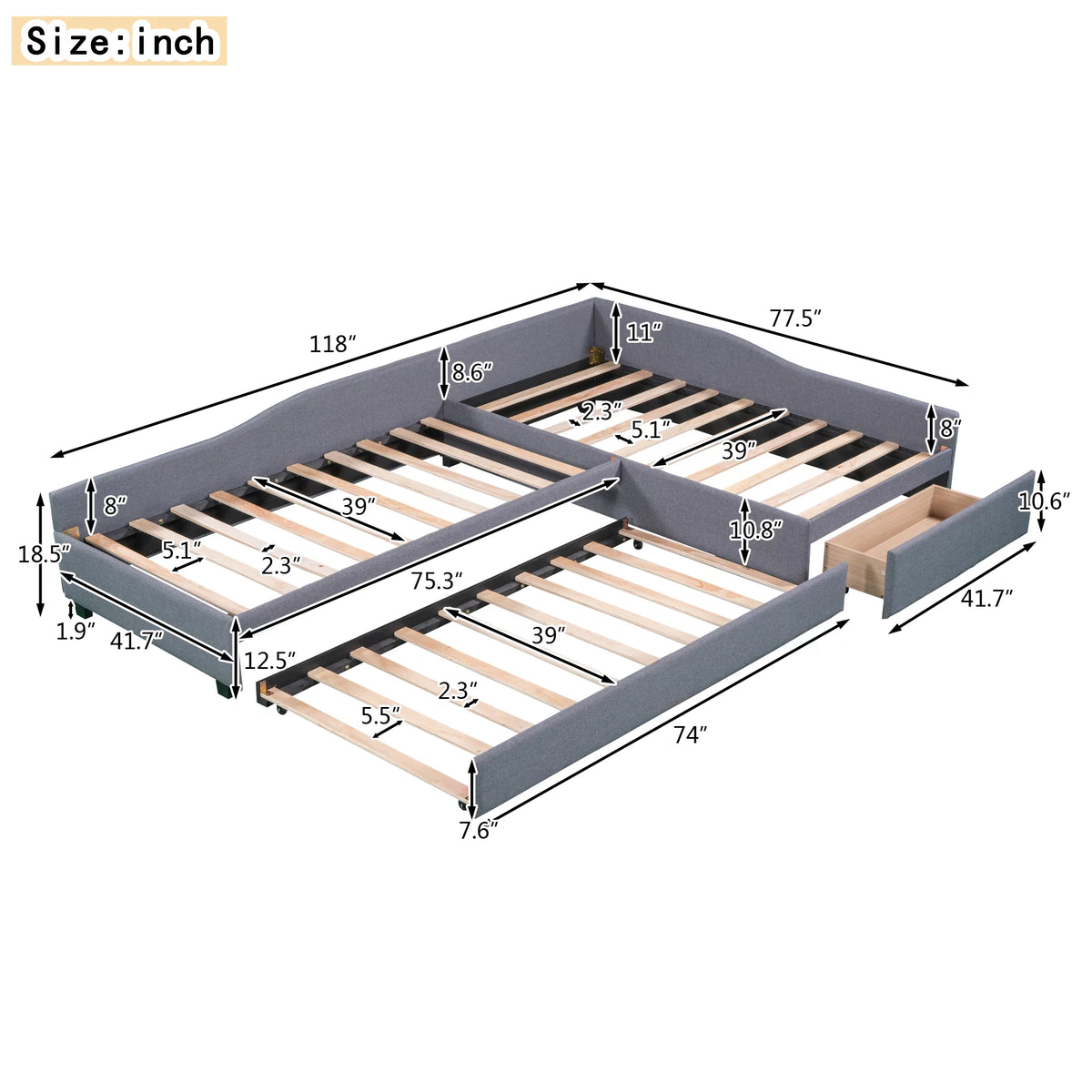 Gray L-Shaped Daybed with Trundle and Drawers, Twin Size Upholstered Sofa Bed P280476