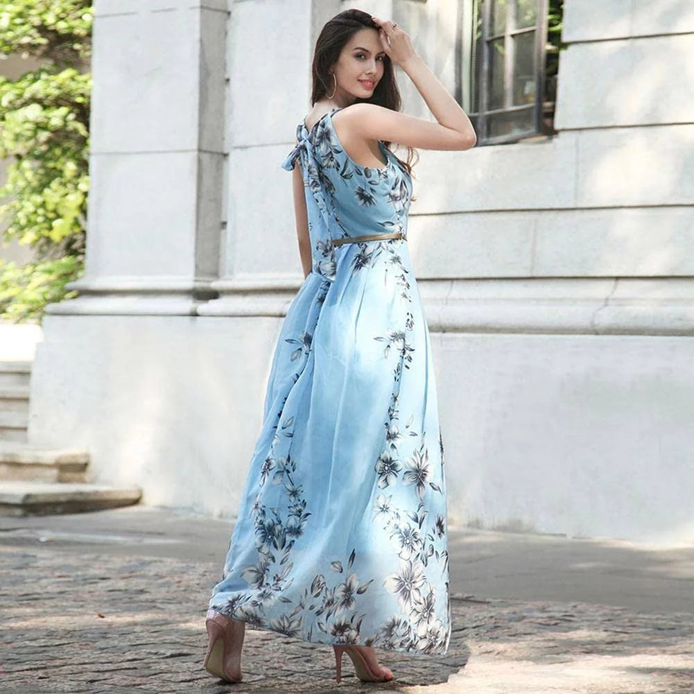 Blue Floral Halter Chiffon Maxi Dress V76644