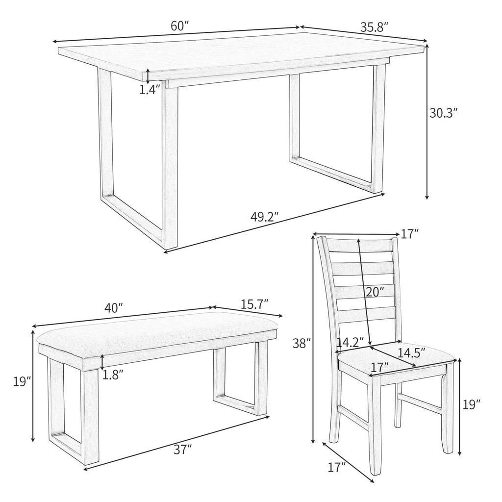 Solid Wood Dining Room Set with Table Chairs and Bench P8864