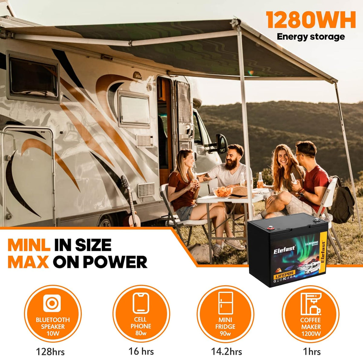 12V 100Ah Bluetooth LiFePO4 Lithium Battery, BCI Group 24, Low Temperature Protection, 1280Wh Energy M590
