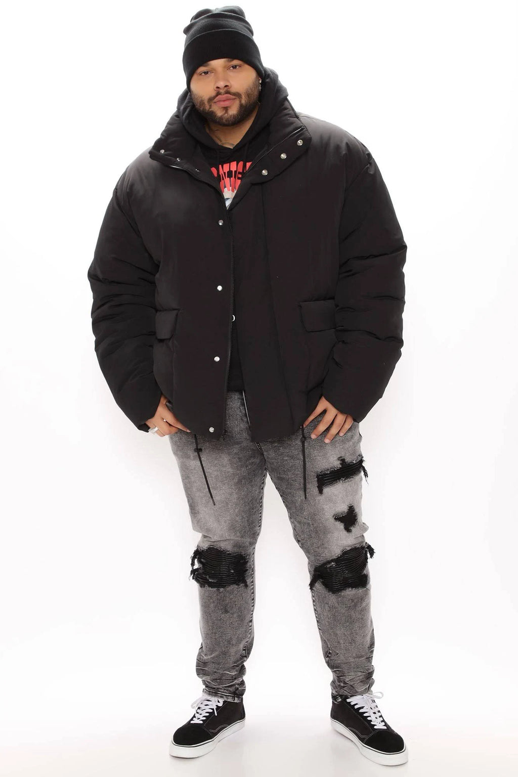 Black Cargo Pocket Puffer Jacket P853131