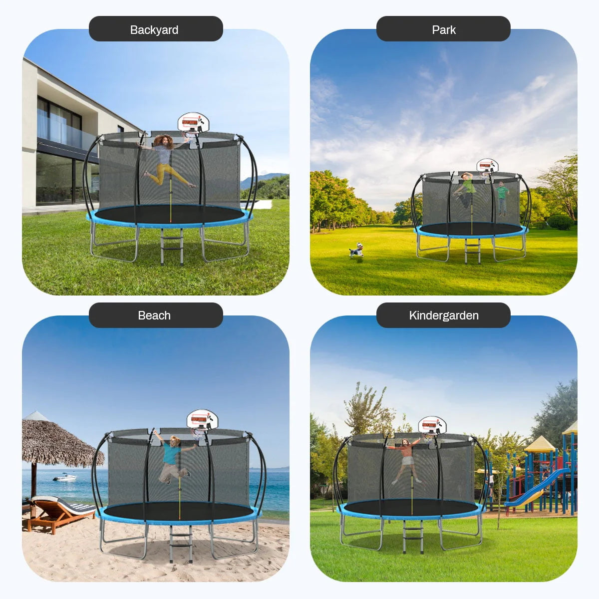 12' Round Backyard Trampoline with Safety Enclosure and Basketball Hoop W5217