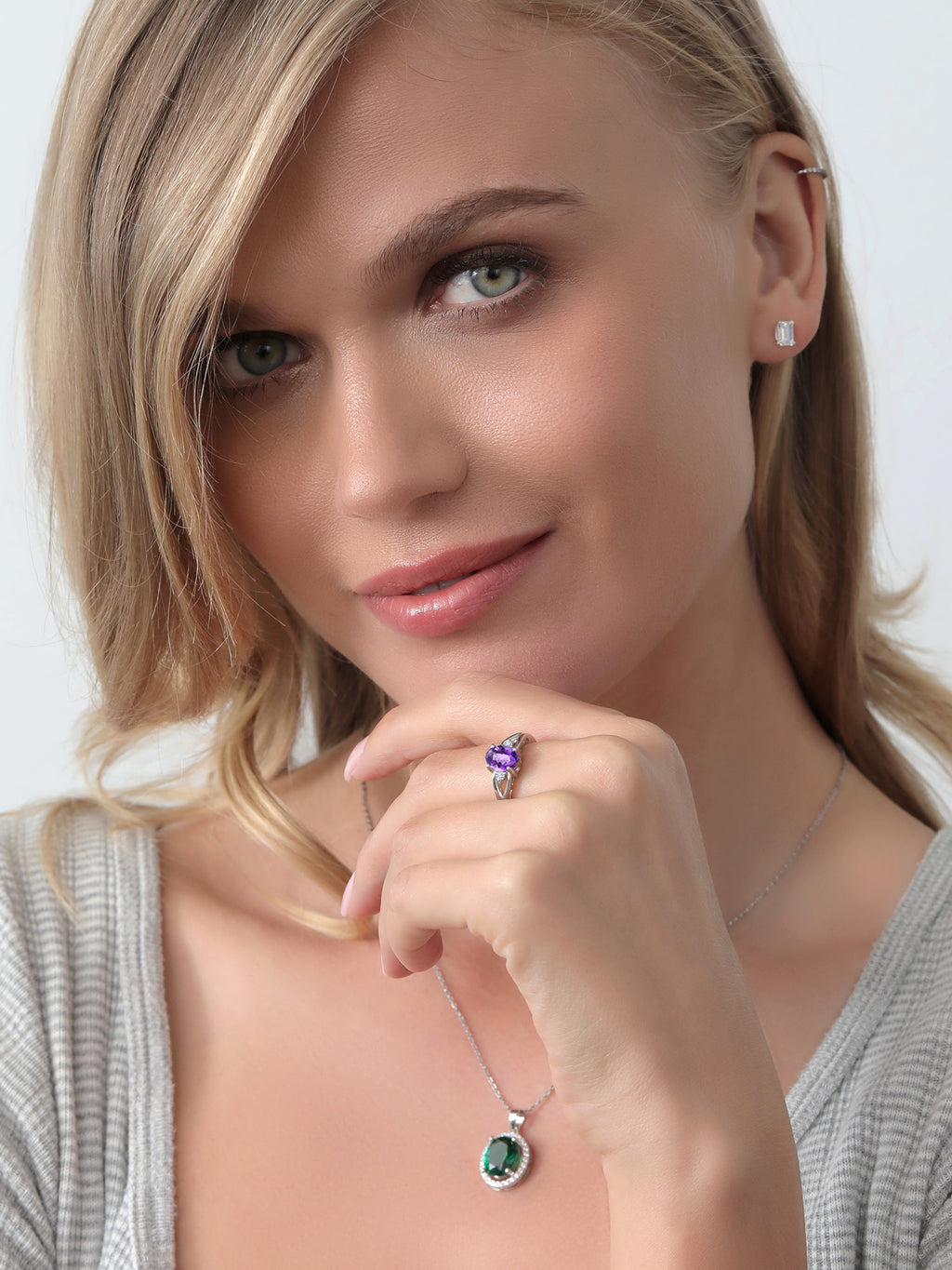 925 Sterling Silver Amethyst and White Lab Grown Diamond 3 Stone Engagement Ring, 1.28 Cttw, Size 9 X2543