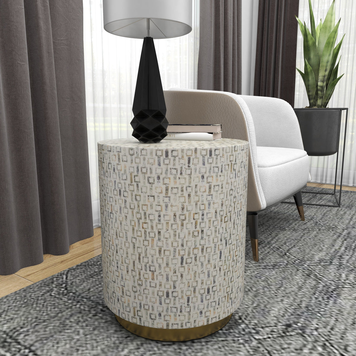 18" x 22" White Mother of Pearl Accent Table with Gold Base H98074