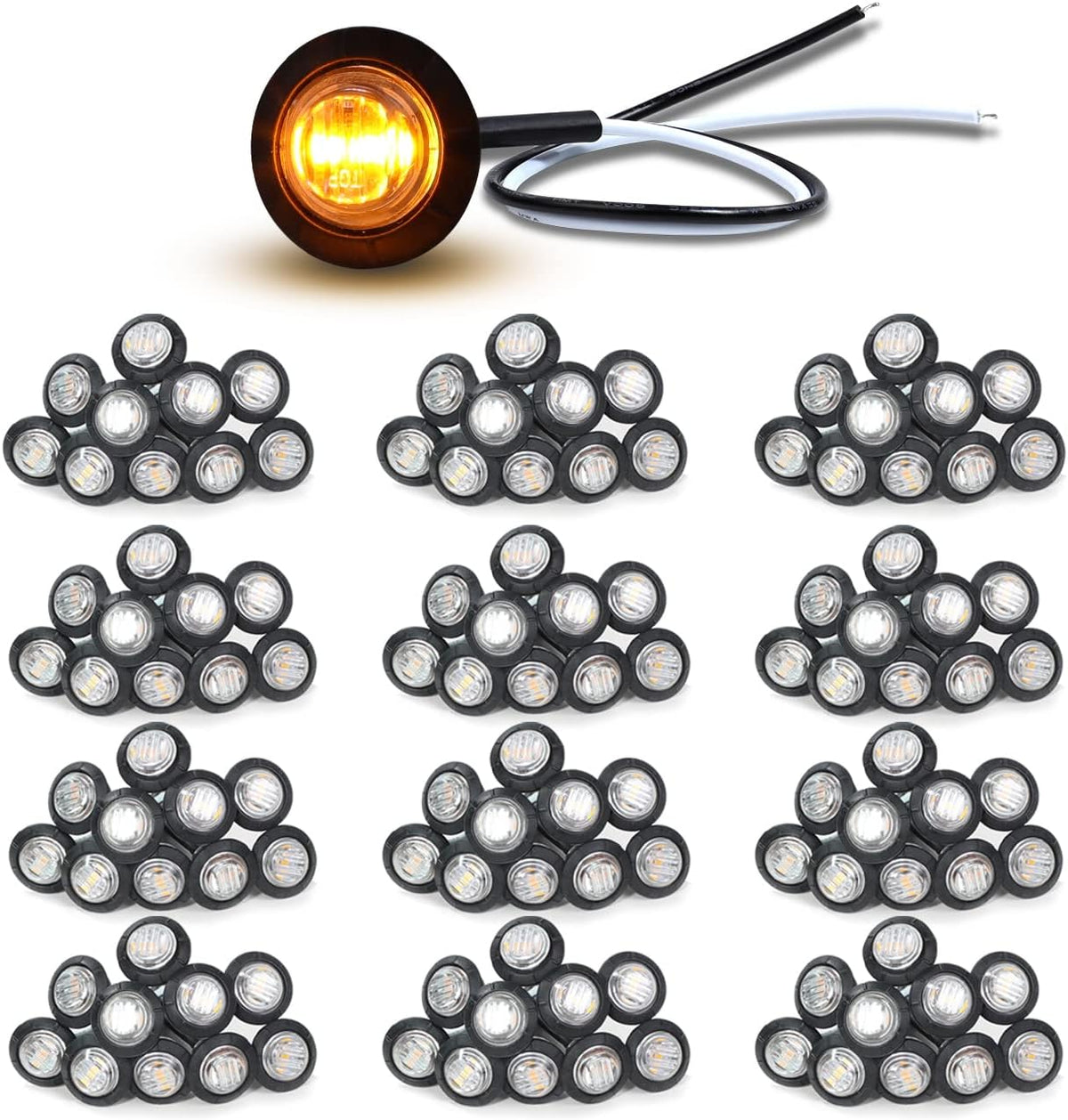 120 Pack 3/4 Inch Amber 3 LED Clear Lens Round Trailer Side Marker Lights A244350