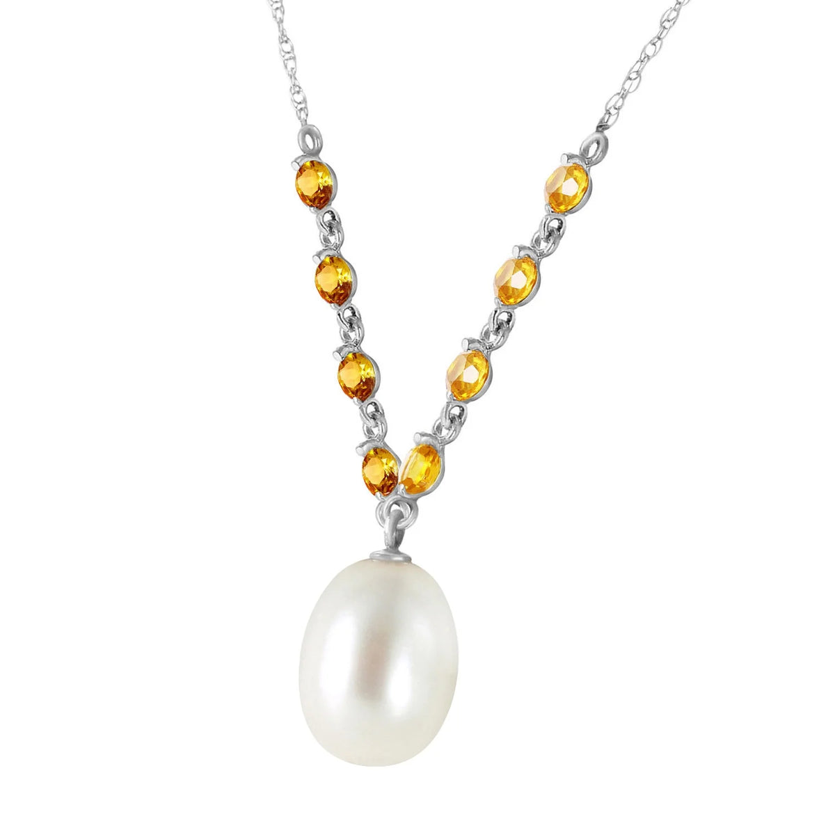 14k Solid White Gold Necklace with Natural Citrines and Freshwater-cultured Pearl C709592