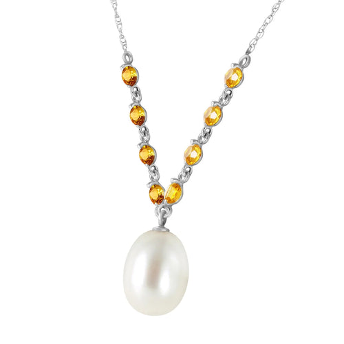14k Solid White Gold Necklace with Natural Citrines and Freshwater-cultured Pearl C709592