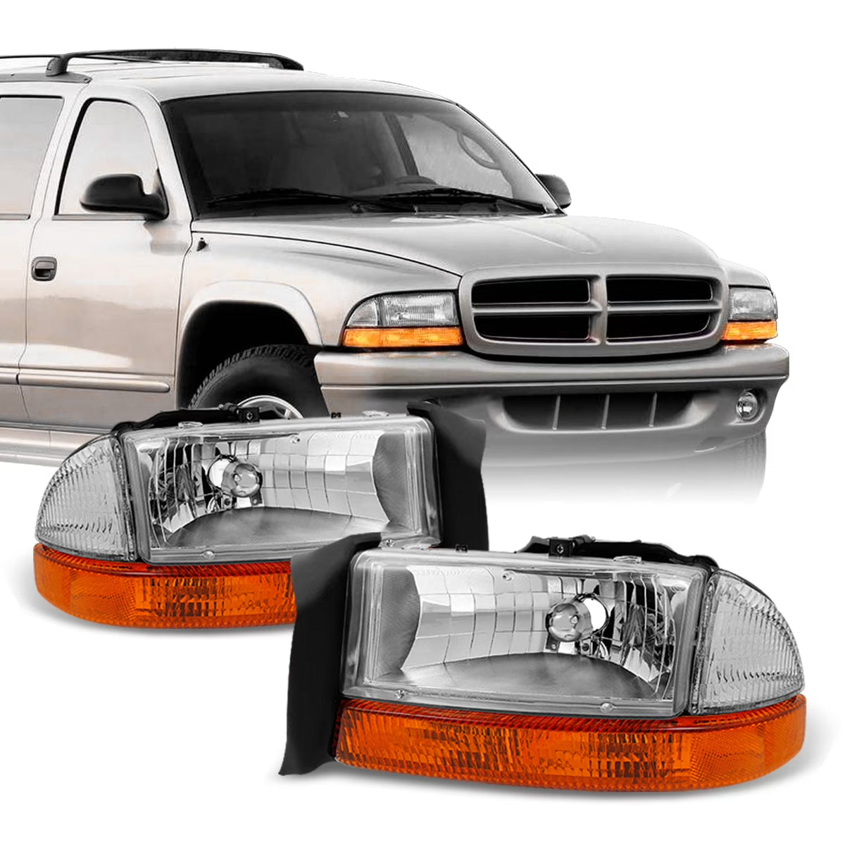 Chrome Driver Left + Passenger Right Side Headlights + Signal Lamp Pair Set H27362