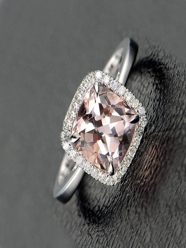 1.25 Carat Cushion Cut Peach Pink Morganite and Diamond Halo Engagement Ring in 10k White Gold K77582