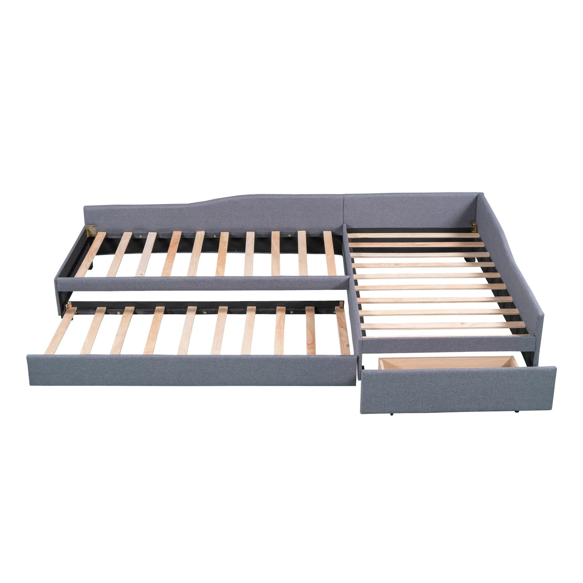 Gray L-Shaped Daybed with Trundle and Drawers, Twin Size Upholstered Sofa Bed P280476