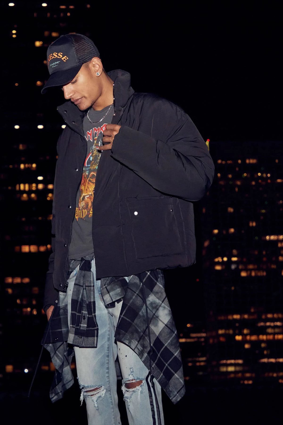 Black Cargo Pocket Puffer Jacket P853131