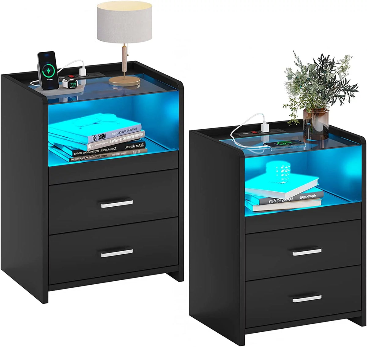 Black Set of 2 LED Nightstand with Charging Station A828751