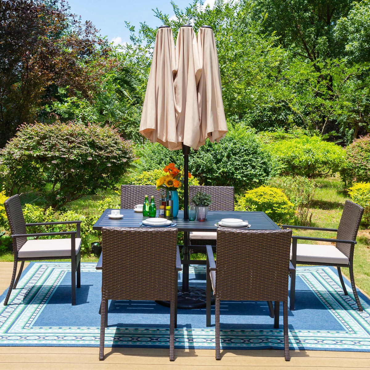 8-Piece Outdoor Patio Set with 13 ft Umbrella, 6 Wicker Cushioned Chairs & Rectangular Table S987694