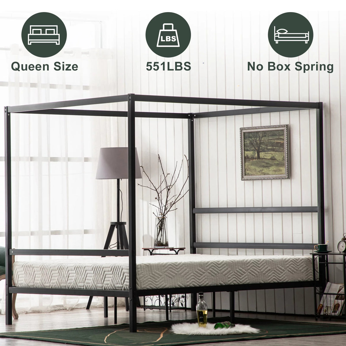 Black Queen Canopy Bed Frame with Headboard I495481