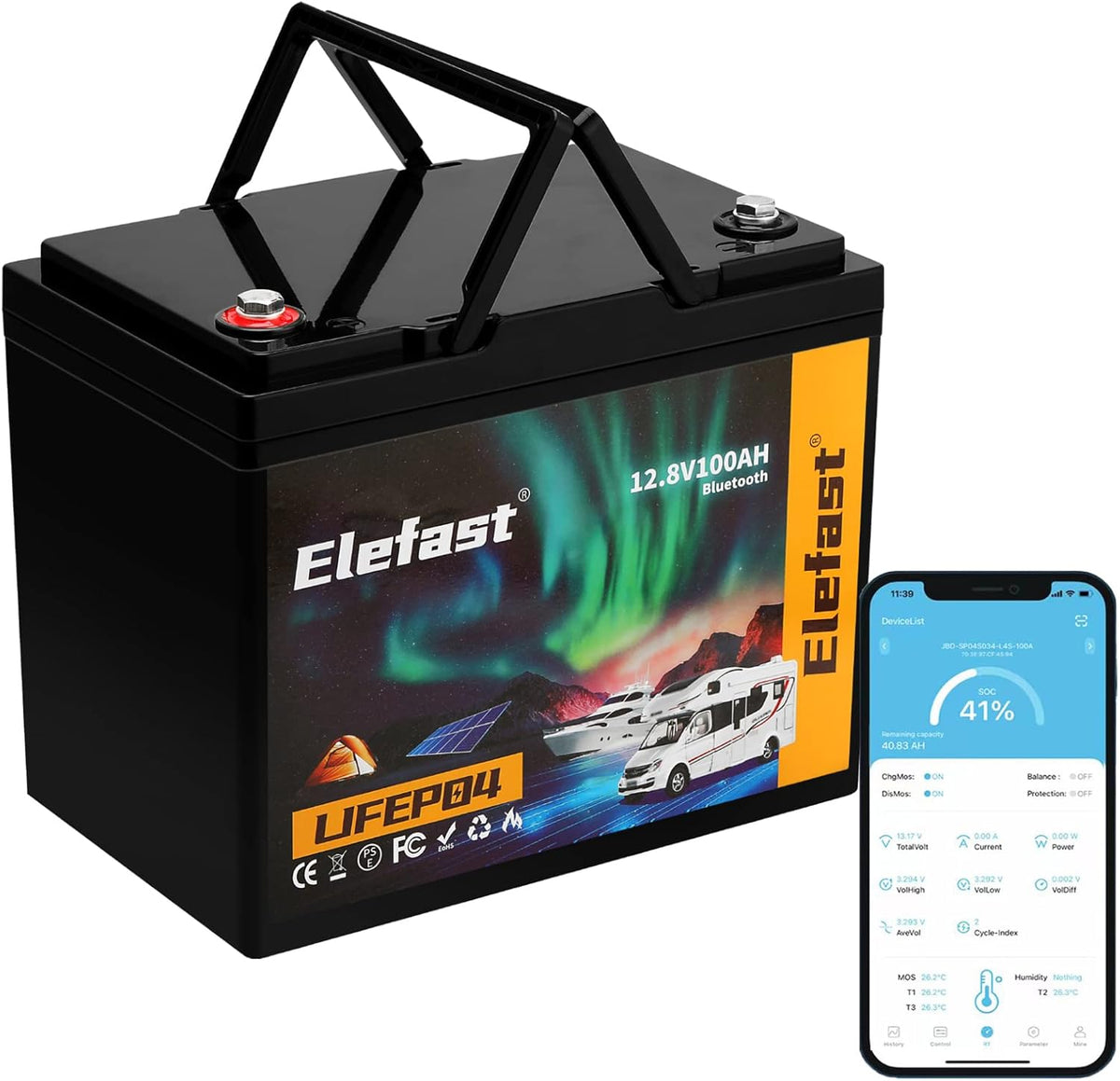 12V 100Ah Bluetooth LiFePO4 Lithium Battery, BCI Group 24, Low Temperature Protection, 1280Wh Energy M590