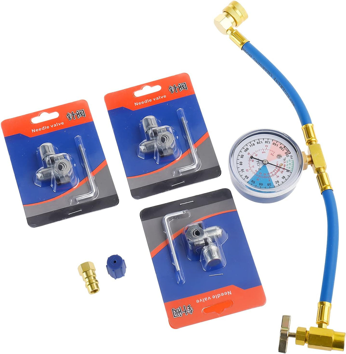 Refrigerant Charging Hose Gauge with 3 Pack Bullet Piercing Tap Valve Kit S55061