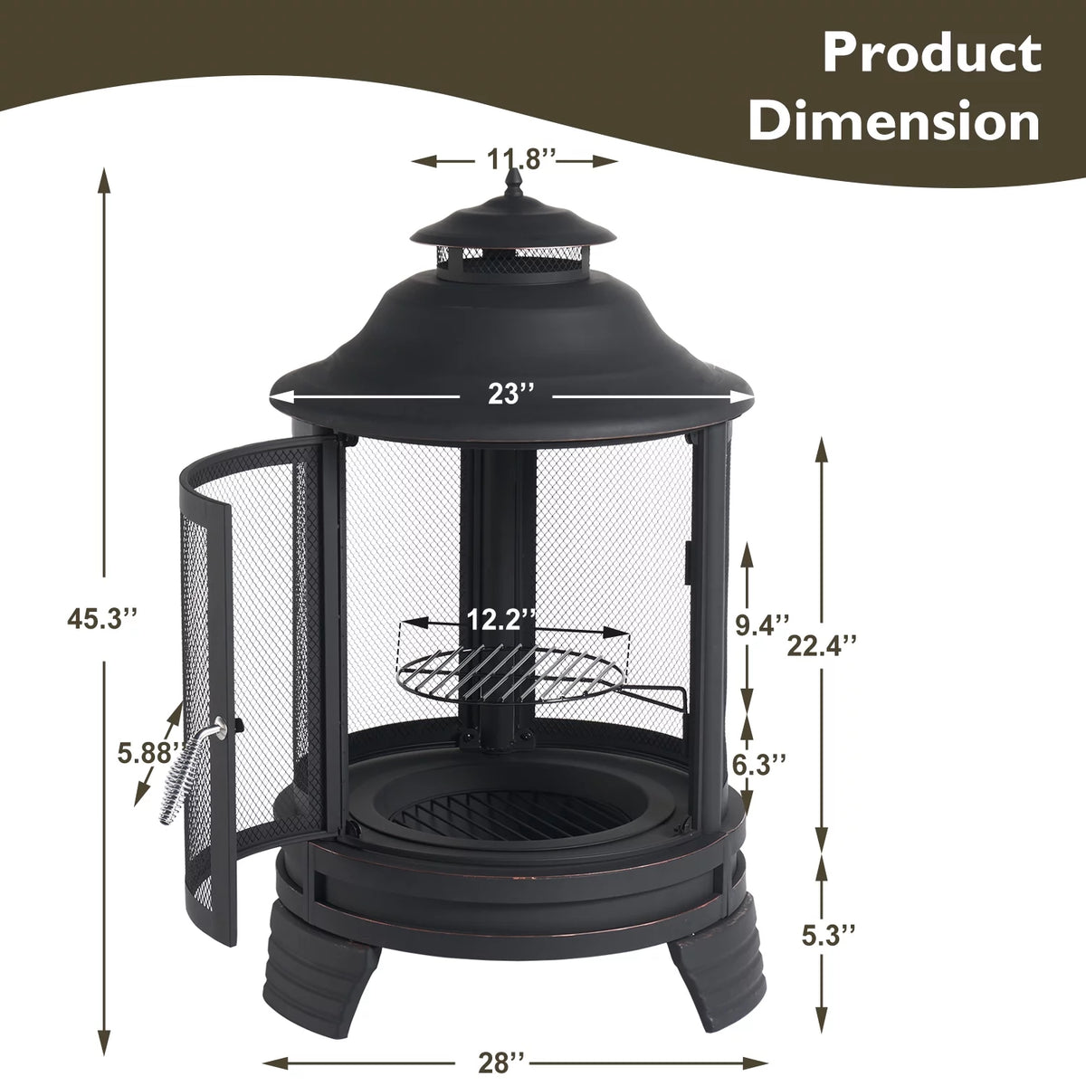Black Pagoda 2 in 1 Fire Pit with Removable Grill O666603