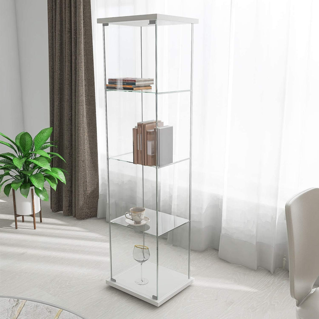 White Wood 4-Shelf Glass Display Cabinet with Door R18856