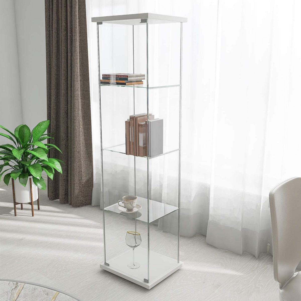 White Wood 4-Shelf Glass Display Cabinet with Door R18856