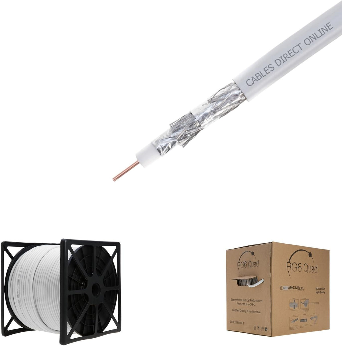 1000FT White RG6 Quad Shielded Coaxial Cable, 18 AWG Copper Clad Steel Conductor, PVC Jacket S150887