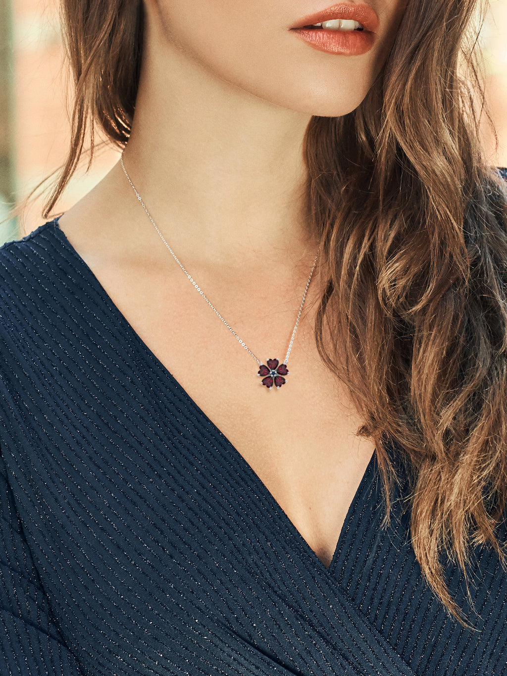 925 Sterling Silver Red Rhodolite Garnet and Blue Sapphire Pendant Necklace with 18 inch Chain M2263