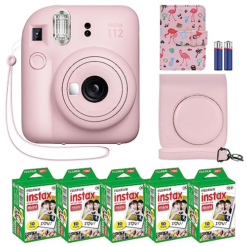 Fujifilm Instax Mini 12 Instant Camera + Accessory Bundle + Custom Case + Film Value Pack (50 Sheets) + Photo Album (Blossom Pink) V34793