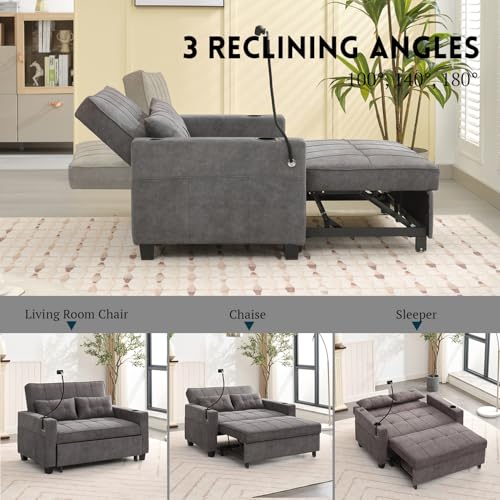 Blue Convertible Sleeper Chair Bed with USB Ports and Cup Holders Q450