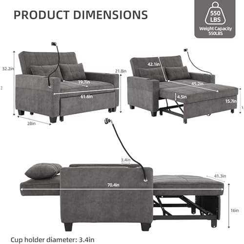 Blue Convertible Sleeper Chair Bed with USB Ports and Cup Holders Q450