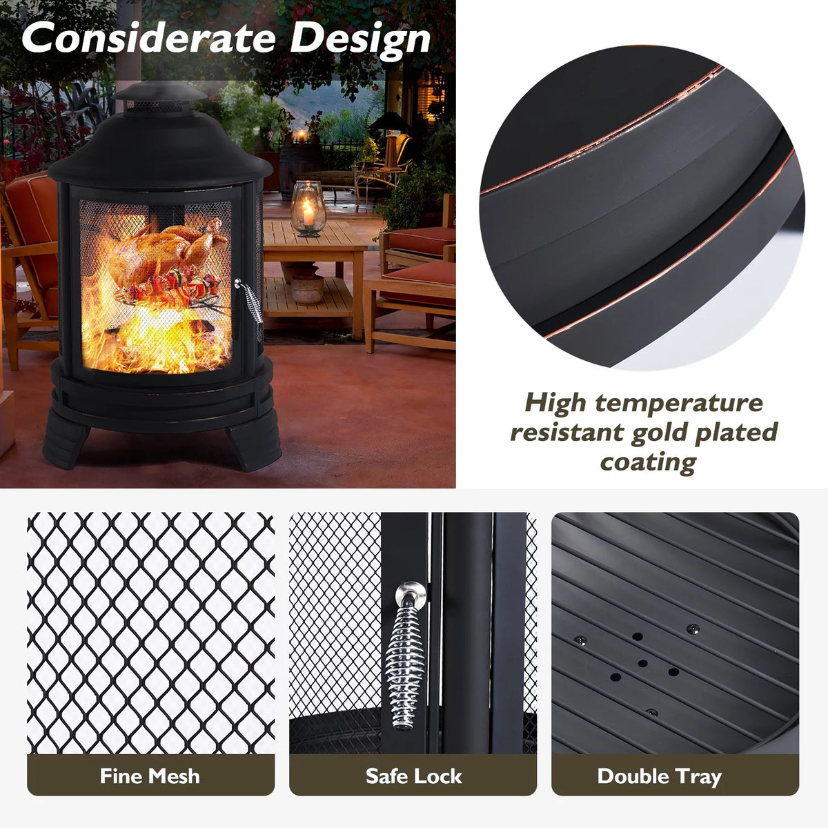 Black Pagoda 2 in 1 Fire Pit with Removable Grill O666603