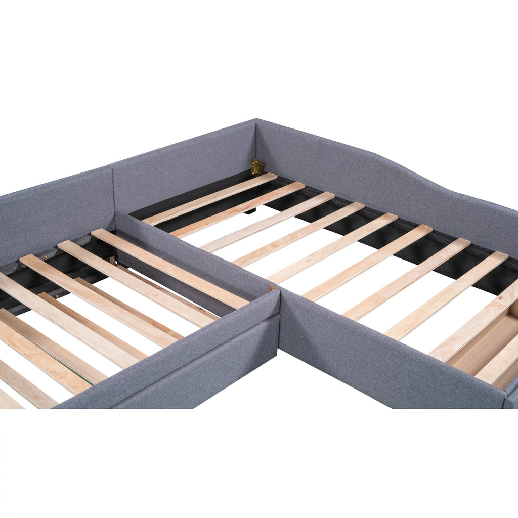 Gray L-Shaped Daybed with Trundle and Drawers, Twin Size Upholstered Sofa Bed P280476