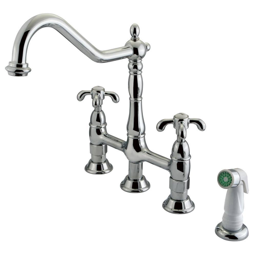 Satin Nickel Double Handle Kitchen Faucet with White Sprayer N30613
