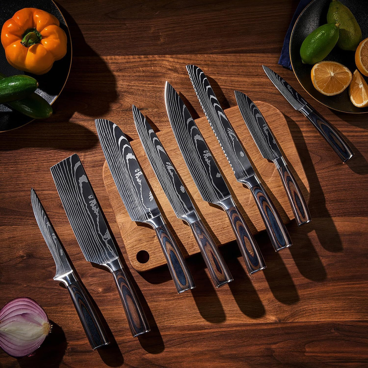 8-piece Japanese Kitchen Knife Set with Damascus Pattern T7094