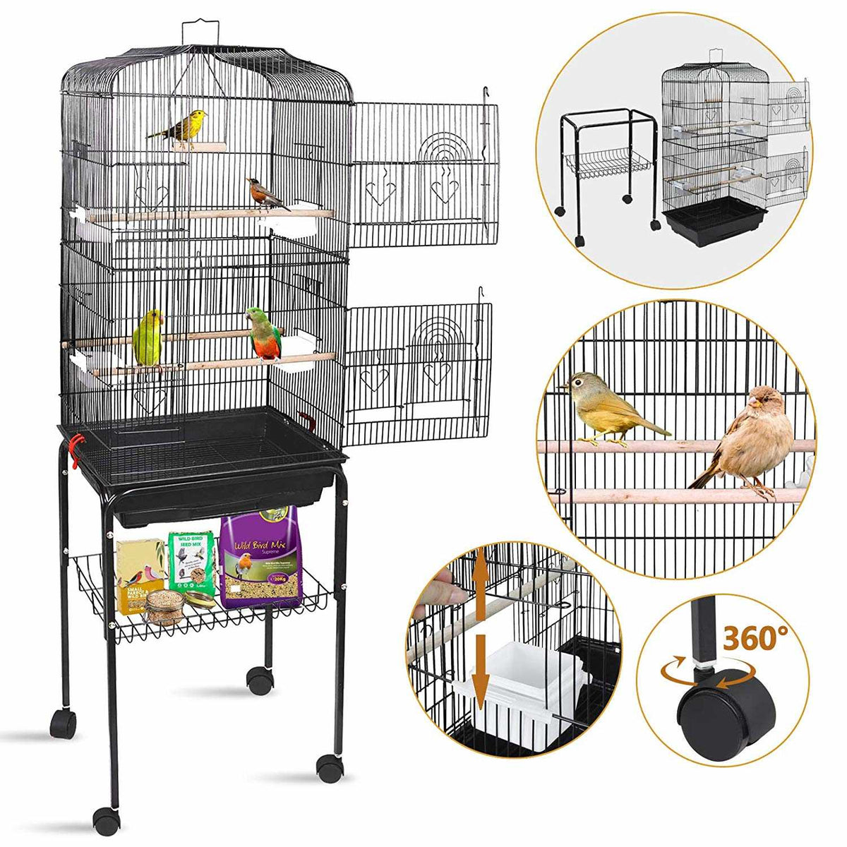 Black Wrought Iron Bird Cage with Rolling Stand E793240
