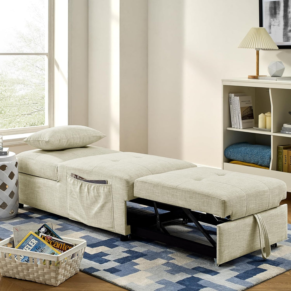 Beige Folding Ottoman Sleeper Sofa Bed Q6540
