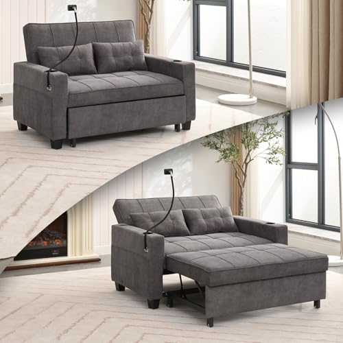 Blue Convertible Sleeper Chair Bed with USB Ports and Cup Holders Q450