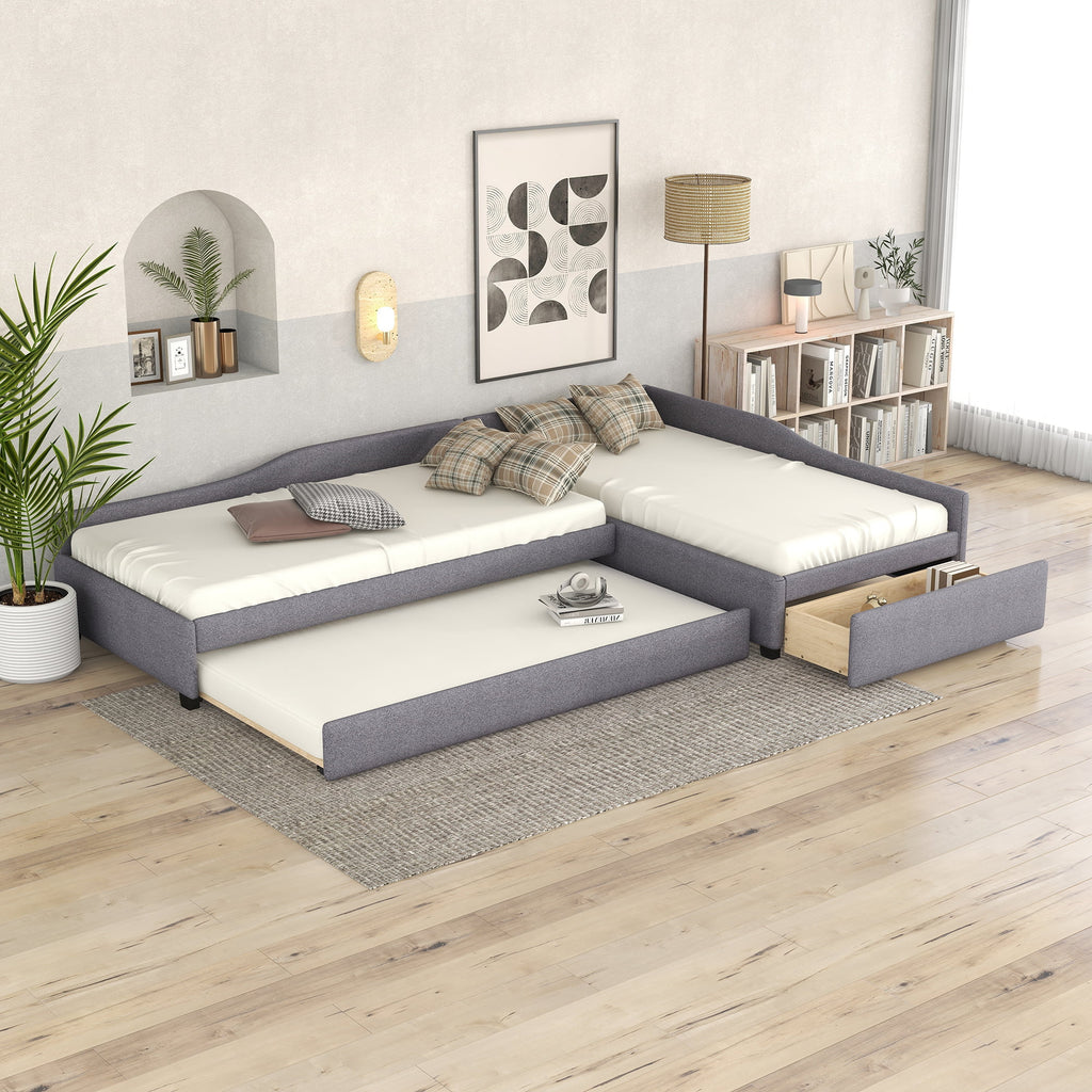 Gray L-Shaped Daybed with Trundle and Drawers, Twin Size Upholstered Sofa Bed P280476