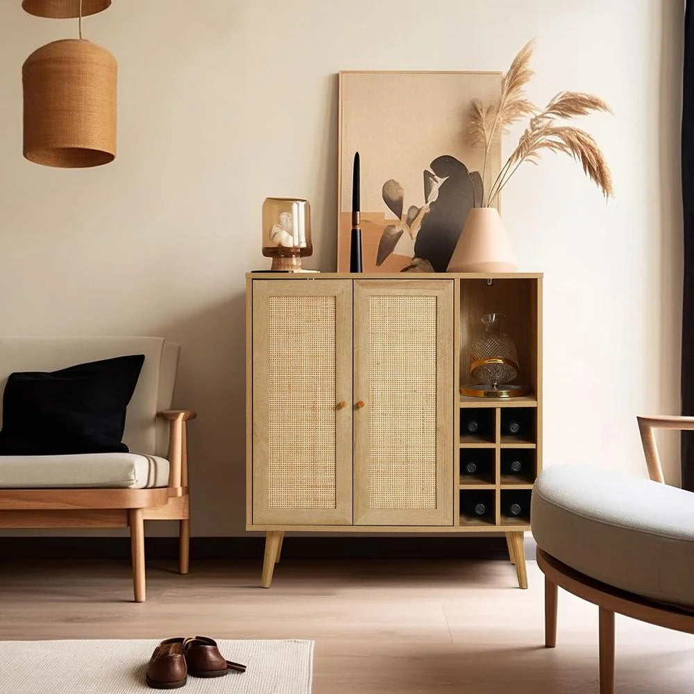 Light Oak Engineered Wood Rattan Wine and Storage Cabinet Z221