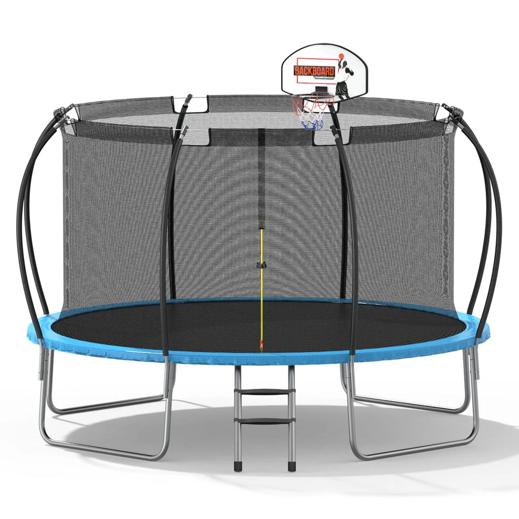 12' Round Backyard Trampoline with Safety Enclosure and Basketball Hoop W5217