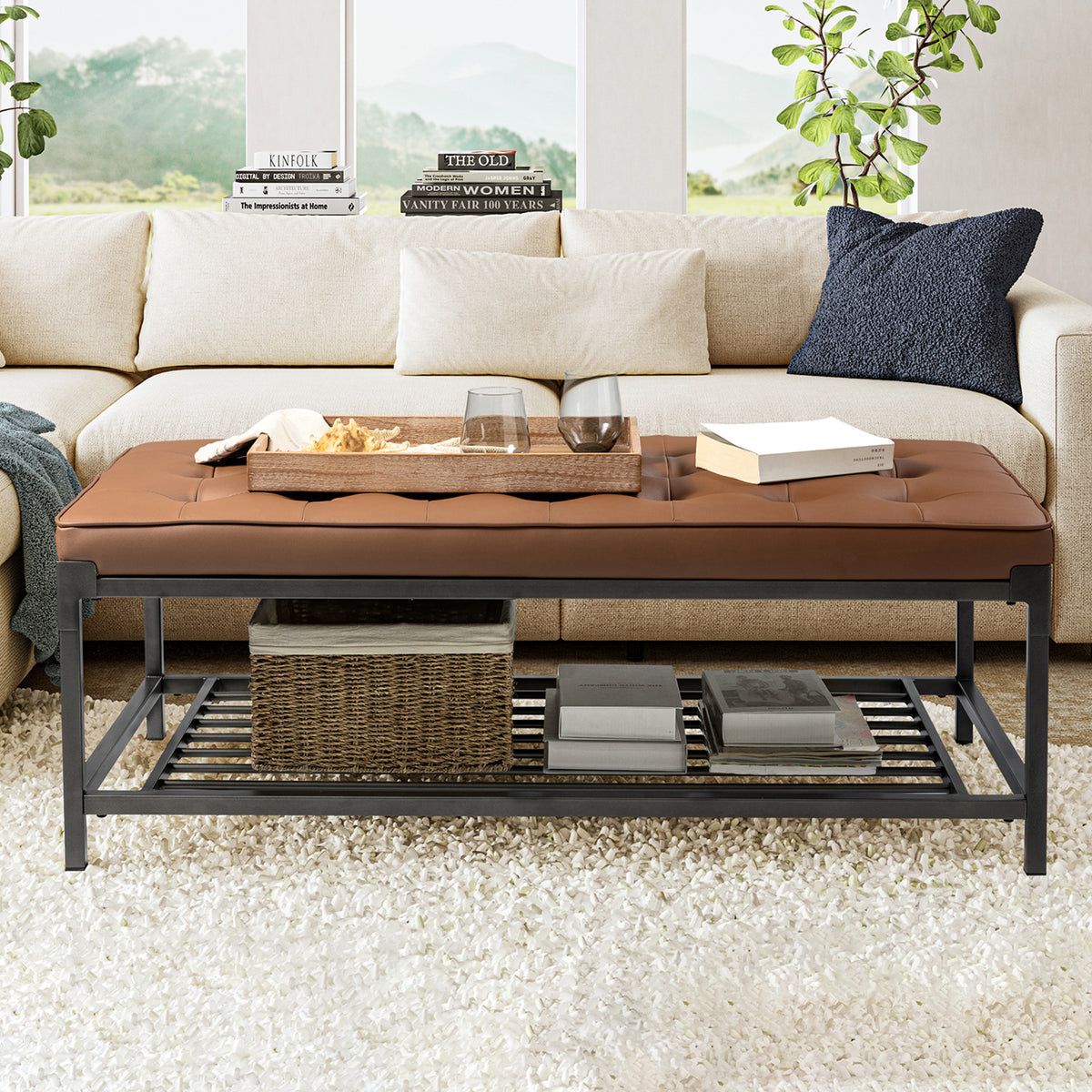 Camel Leather Storage Ottoman Coffee Table D5269
